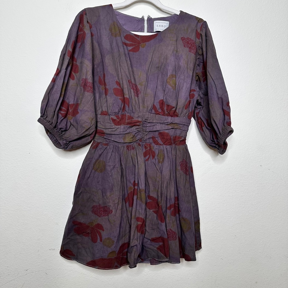 Sabo Skirt Purple Floral Linen Puff Sleeve Ruched Mini Dress Size 4‎ US 8 AUS